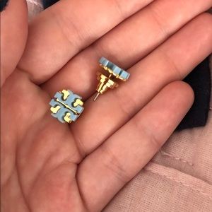 Tory Burch large logo blue and gold ear rings